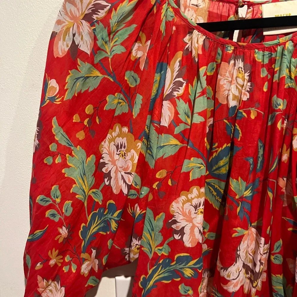 Anthropologie Red Crop Blouse with Relaxed Pleated Style